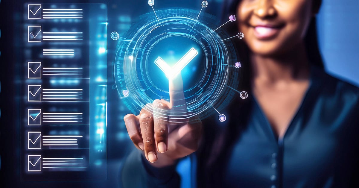 A female IT professional verifies on a high-tech screen that her business has implemented all cybersecurity basics as outlined by the NIST.