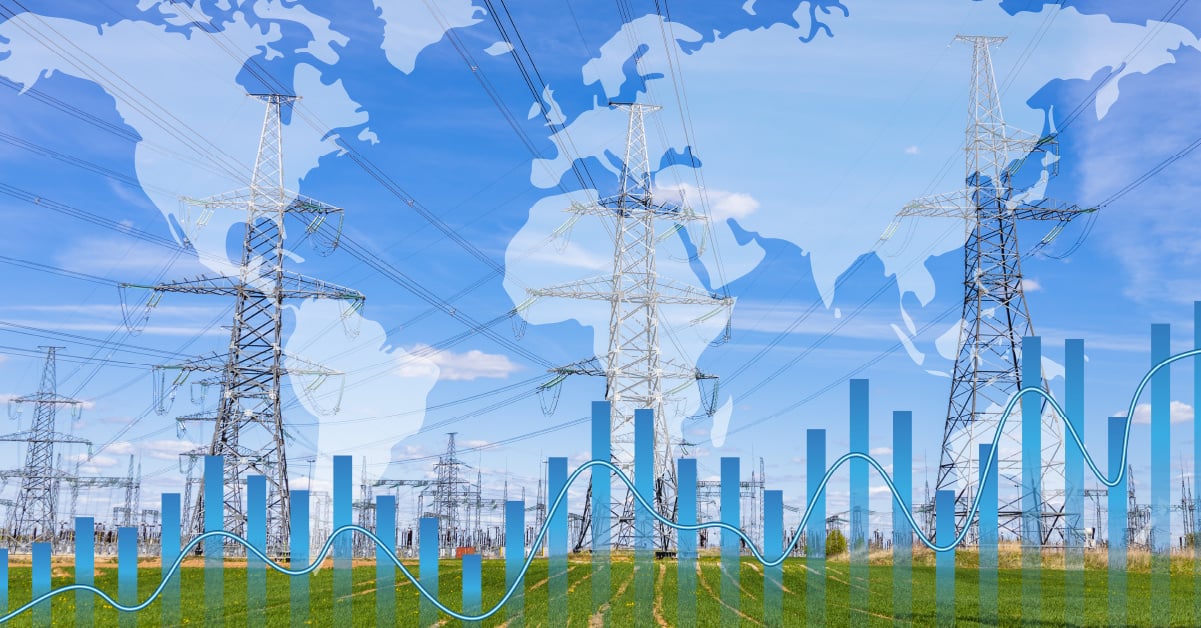 A depiction of AI power consumption around the world, featuring power lines, bar graphs, and a world map.