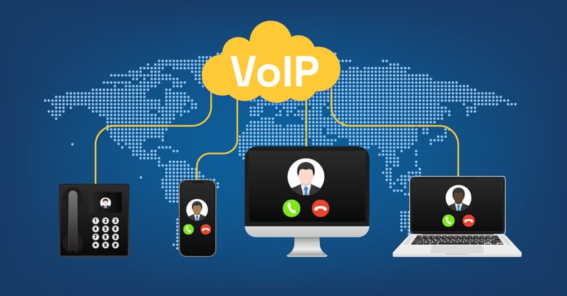 An illustration of voice over internet protocol (VoIP) technology being used by a variety of different smart devices over a world map.