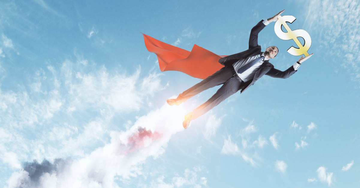 A business superhero flies through the air, powered by the additional productivity and ROI they get from fewer, but more robust platforms.