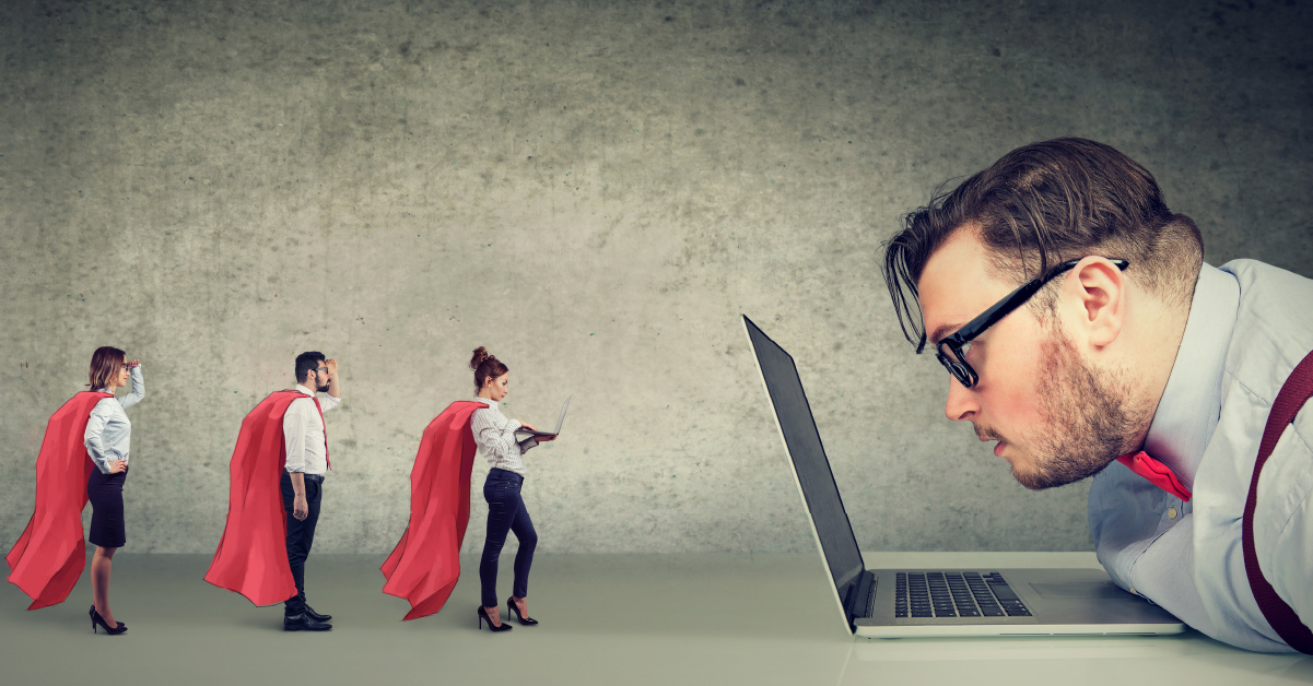 Office workers in red capes confront an IT person who's frustrated at the disorganization and security issues having too many tools can cause.