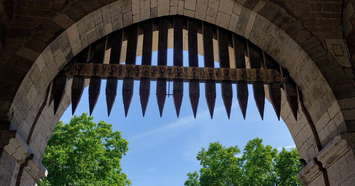 A spiked castle gate, signifying a more advanced form of defenses that are part of CIS foundational controls.