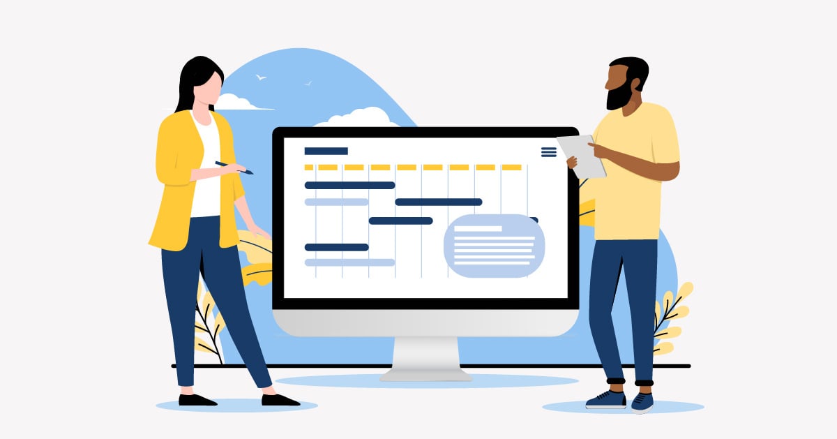 Two workers plan their cloud migration strategy and timeline on an oversized display.