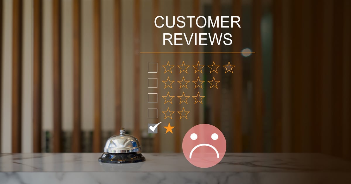 A one-star review depicted with a bell and a desk, indicating poor responsiveness and an unsatisfactory guest experience.