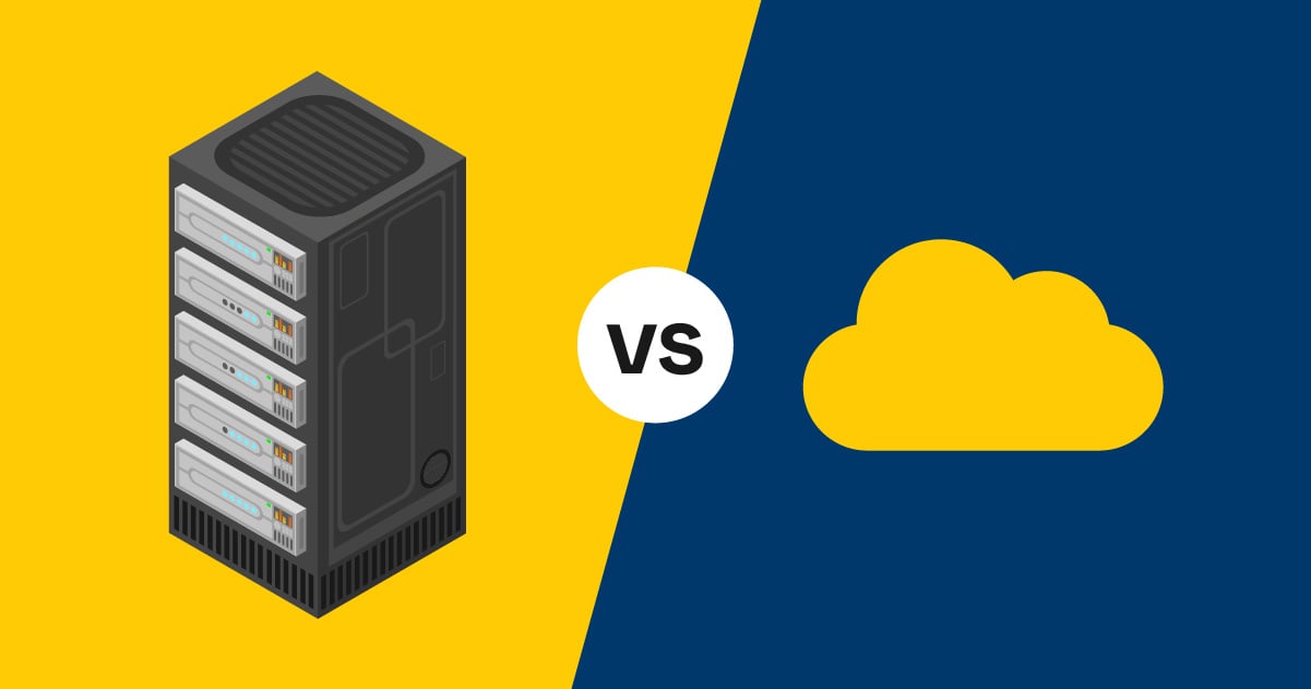 Large on-premises server versus cloud-based network. 