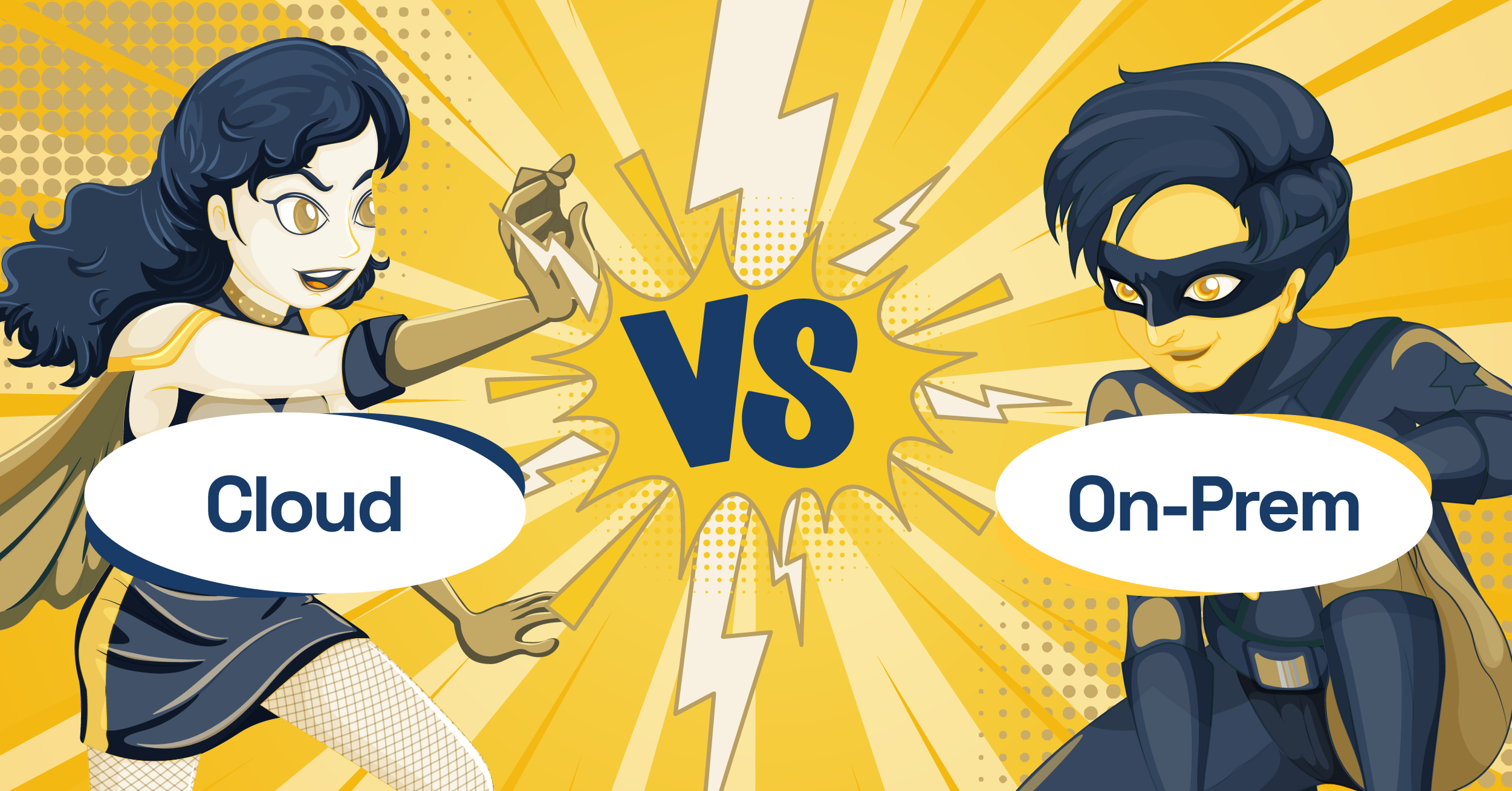 Two comic book heroes depict on-premise vs. cloud security solutions.