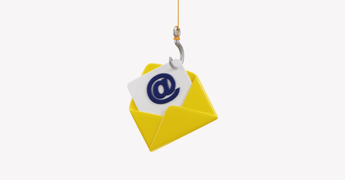 An illustration of a phishing email in a yellow envelope with a hook embedded into it.