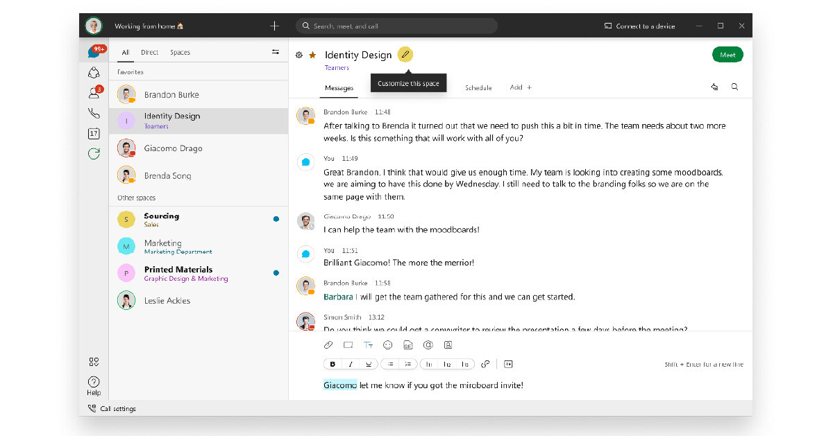 A screenshot of Webex in action, depicting a chat between project collaborators. 